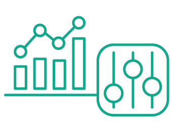 Das Icon zeigt ein Diagramm und Schalter. Es steht für Kompetenz im Bereich Analyse und Simulation.